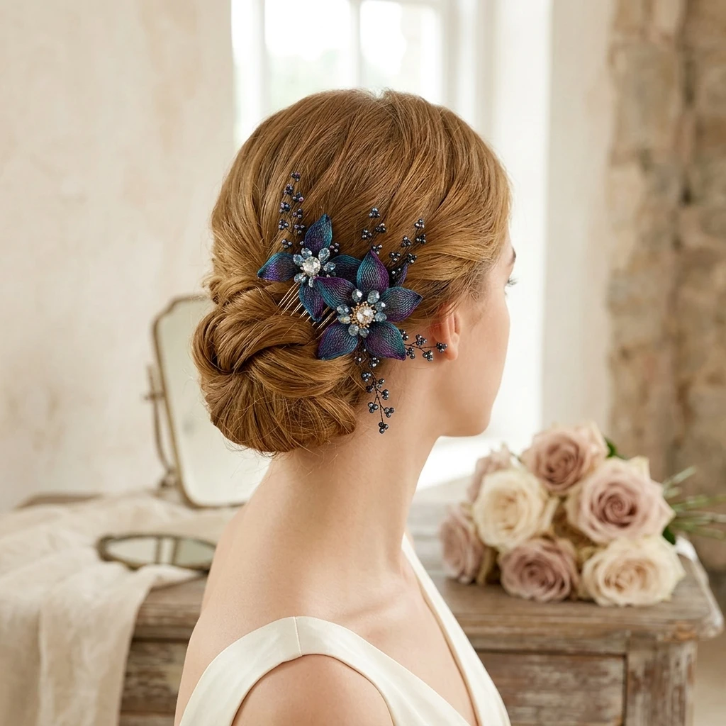 

Flower Hair Comb Vintage Side Bun Wedding Hair Accessory Handcrafted Blue Purple Floral Hairpin Bridal Party Pearl Headwear Gift