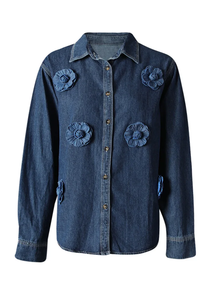 Loose Women's Denim irt Floral Decorative Hong Kong Sle Coat Cotton Basic Fit Six Sve Flannel Faionable Outerwear