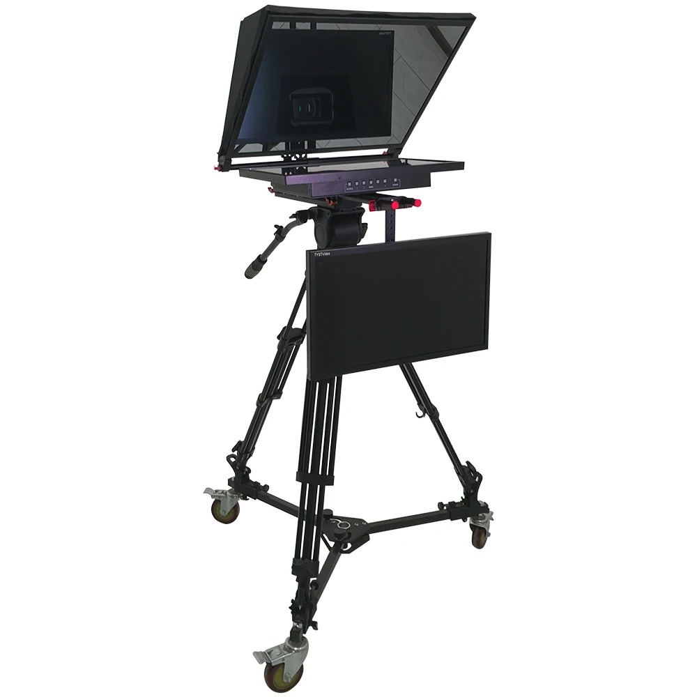 TS-T120 22D studio 22 inch dual monitor teleprompter with tempered glass professional level tripod  caster wireless remoter