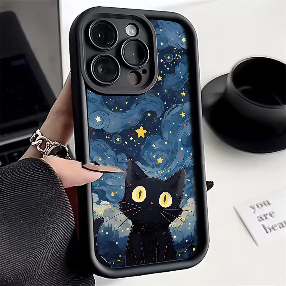 Céu estrelado gato preto caso de telefone para iphone 16 15 14 13 12 11 pro max mini xr xs x 7 8 plus macio tpu capa traseira com alça de mão