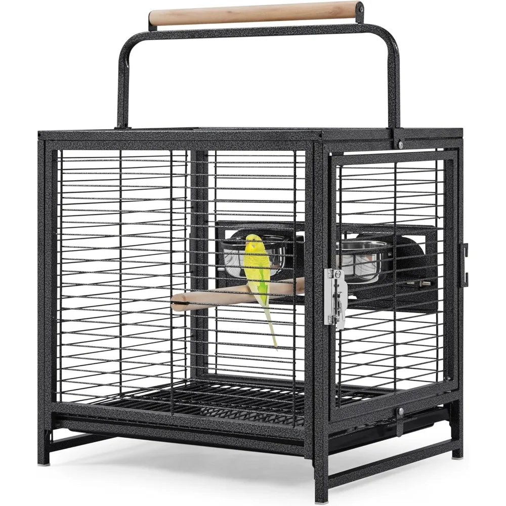 

25.5'' Wrought Iron Bird Travel Carrier Cage Parrot Cage with Handle Wooden Perch & Seed Guard for Small Parrots Canar