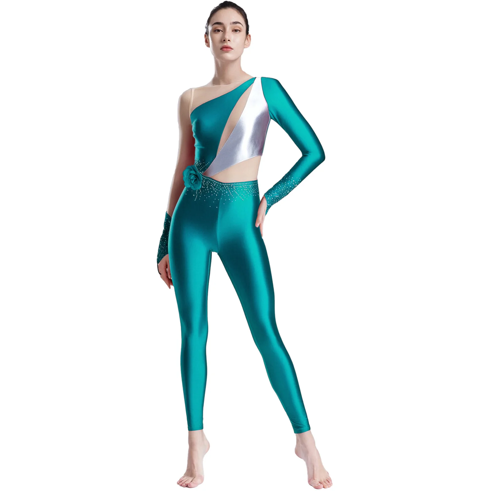 女性の長袖スリムロンパースボディスーツフィギュアスケート衣装メタリック光沢のある新体操ジャンプスーツバレエレオタード