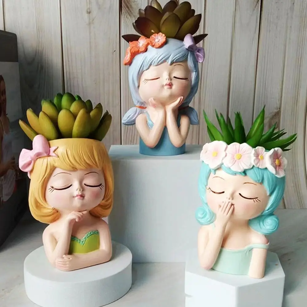 Cartoon Face Planters Pots Girl Statue Nordic Fairy Flowerpot Realistic Resin Succulent Planter Pot Outdoor Gardens