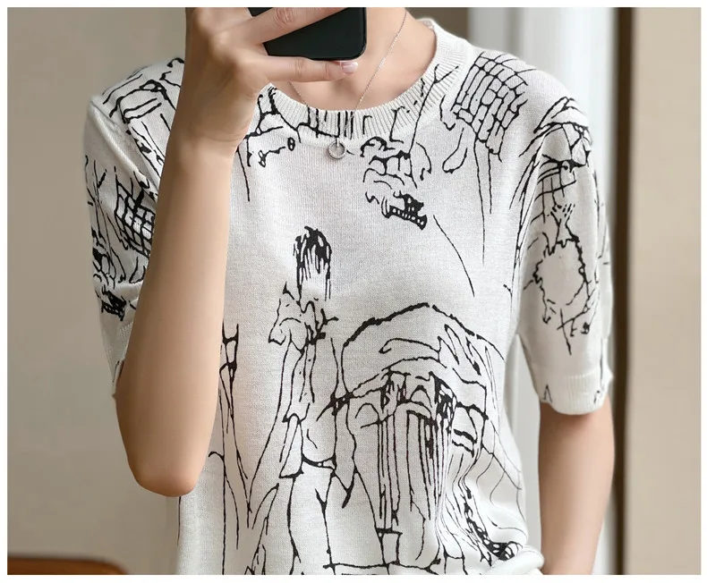 Summer Women's Thin Section Graffiti Digital Jacquard Round Neck Fine Imitation Wool Knitted Short-sleeved T-shirt  Pullover Top