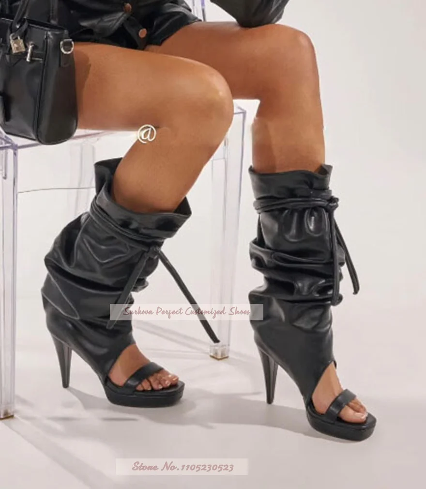 Black Matte Spike Heel Mid-Calf Summer Boots Platform Single Strap Lace-Up Middle Cool Boots Gladiator Long Sandals