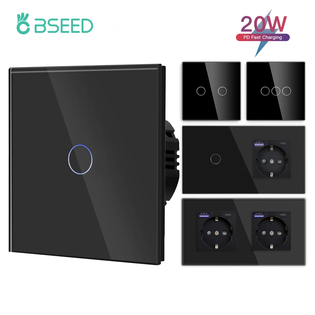 BSEED 1/2/3Gang Wall Touch Switch 1Way GLass Sensor Switches Plus EU Wall Socket Type-C USB 20W Power Outlets Fast Charging 2.1A