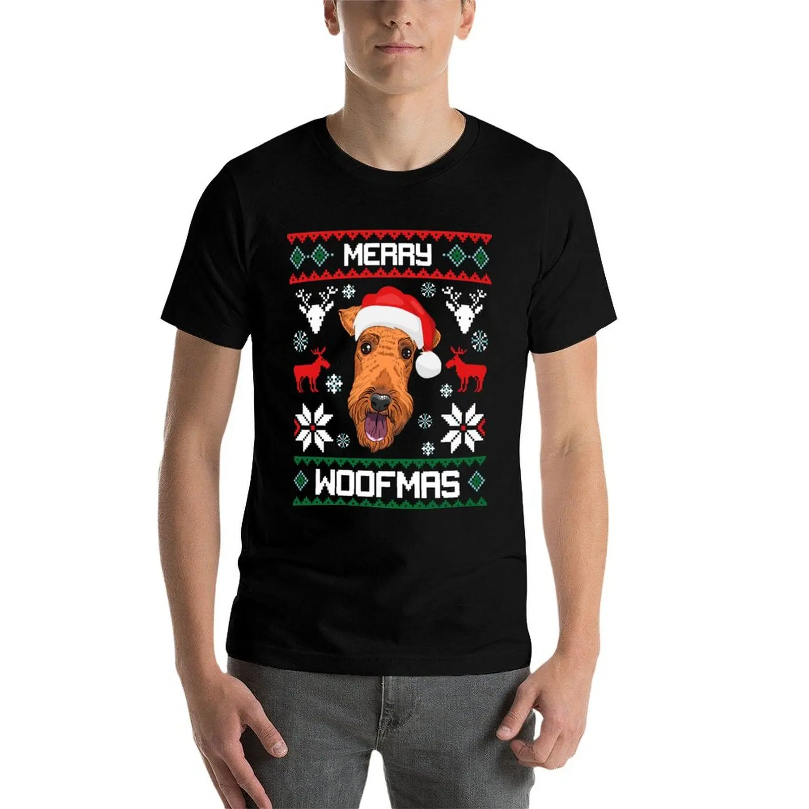 

Airedale Terrier Merry Woofmas Christmas Dog Gift T-Shirt cotton t shirt man mens graphic t shirts T-Shirt