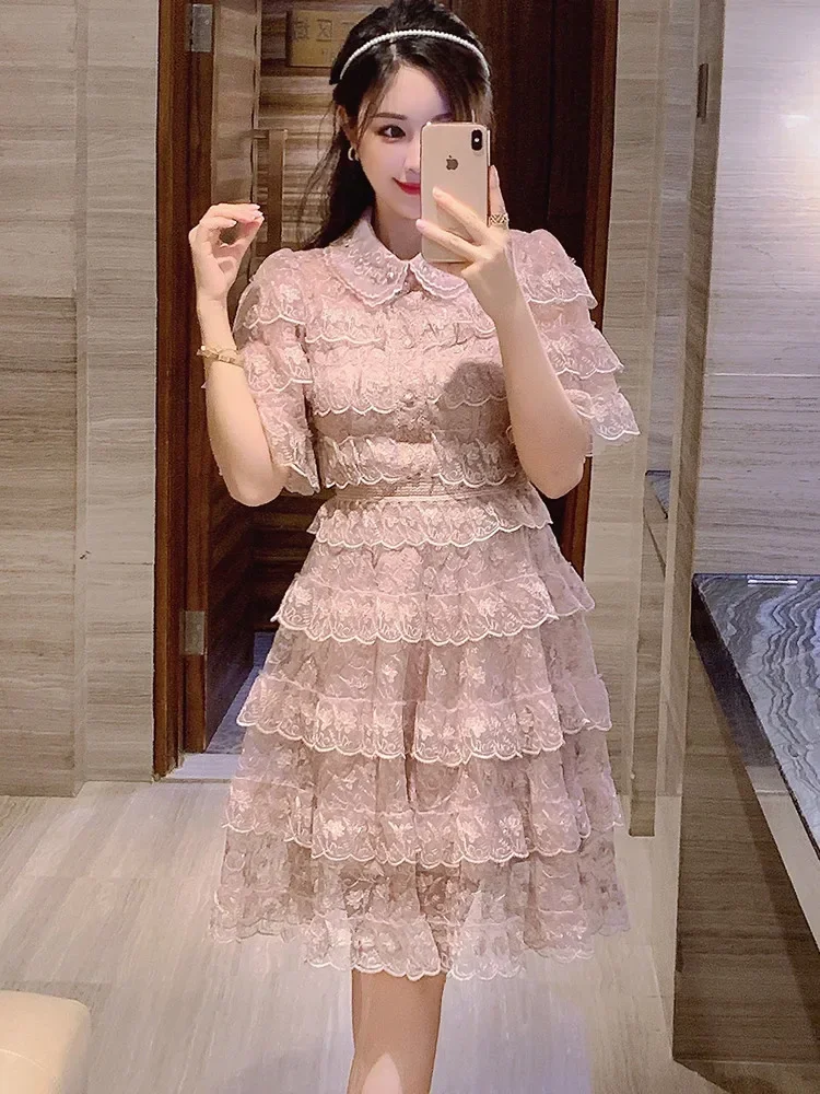 New Fashion Summer Ruffle Lace Patchwork Short Sleeve Dress Women High-Quality Beaded Lapel A-Line Embroidery Cake Dresses