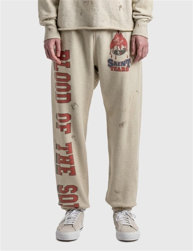 Vintage SAINT High Quality Pattern Letter Printed Casual Sports Pants High Street Cotton Fleece Washed Oversize Japanese Street