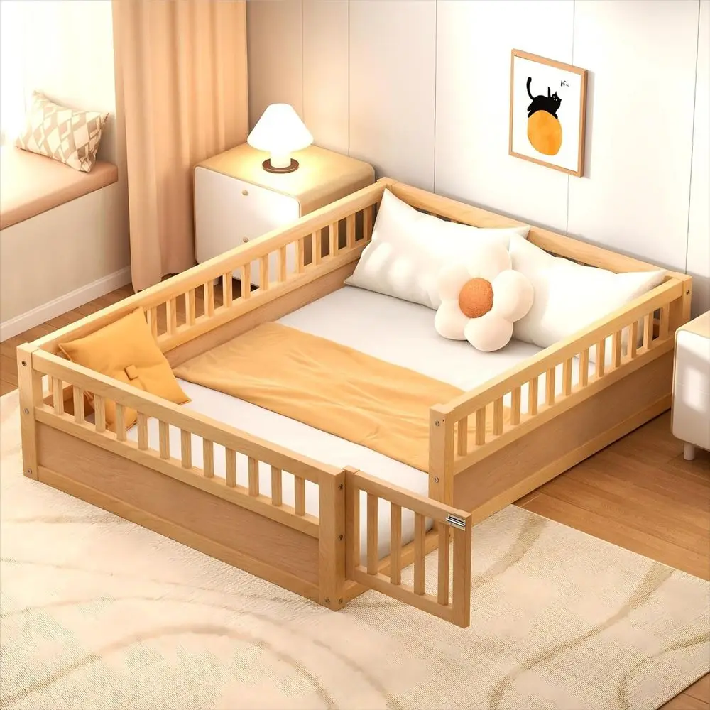 

Full Size Montessori Floor Bed with Door & High Rail, Wooden Bedframe for Kids, Easy Assembly, No Box Spring Needed, Space-Savin