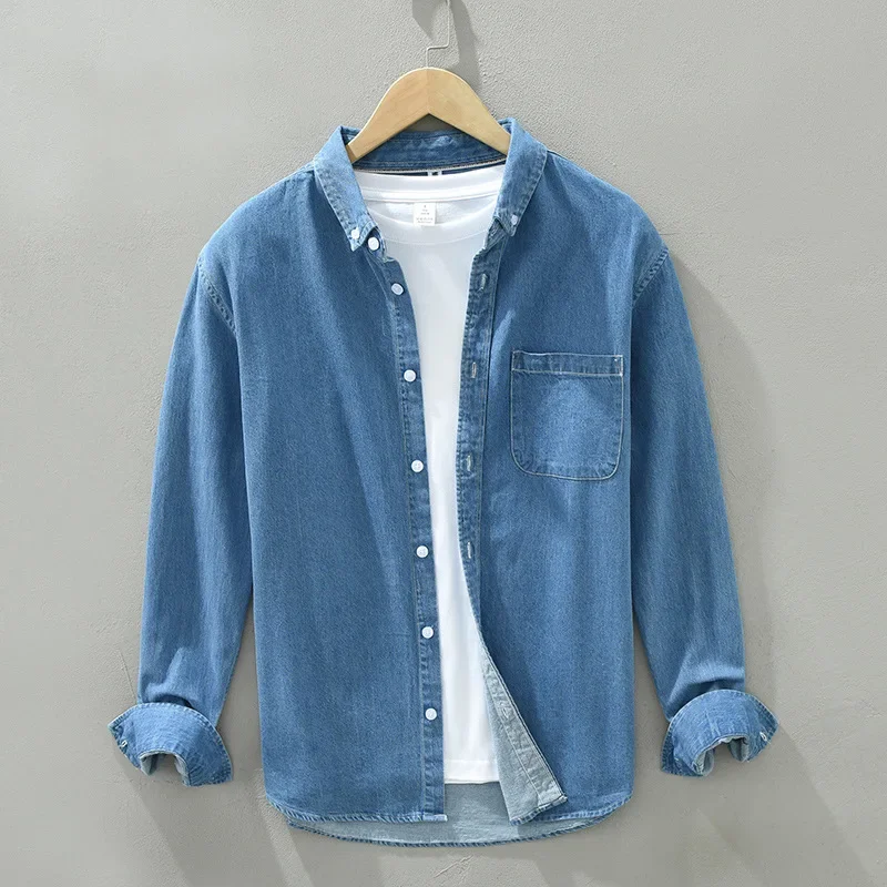 Simple Denim Shirt Men Spring Fall Daily Causal Long Sleeve Light Blue Jean Shirt 100% Cotton Shirt with Pocket Slim Fit Shirts