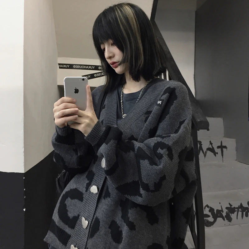 

Leopard Print Sweater Harajuku Knitted Cardigan Oversized Streetwear Gothic Style Long Sleeve Women's Jumpers 2022 Fashion