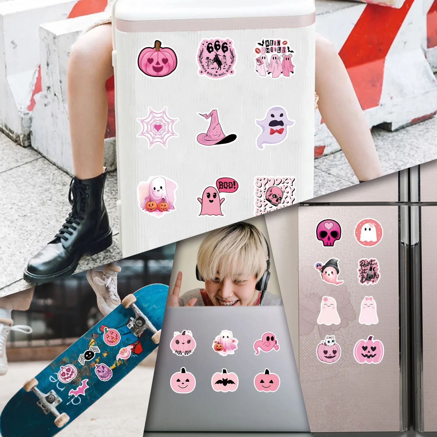 50PCS Cute Pink Halloween Ghost Skull Pumpkin Stickers DIY Stickers Scrapbooking Phone Luggage Skateboard Waterproof Decals
