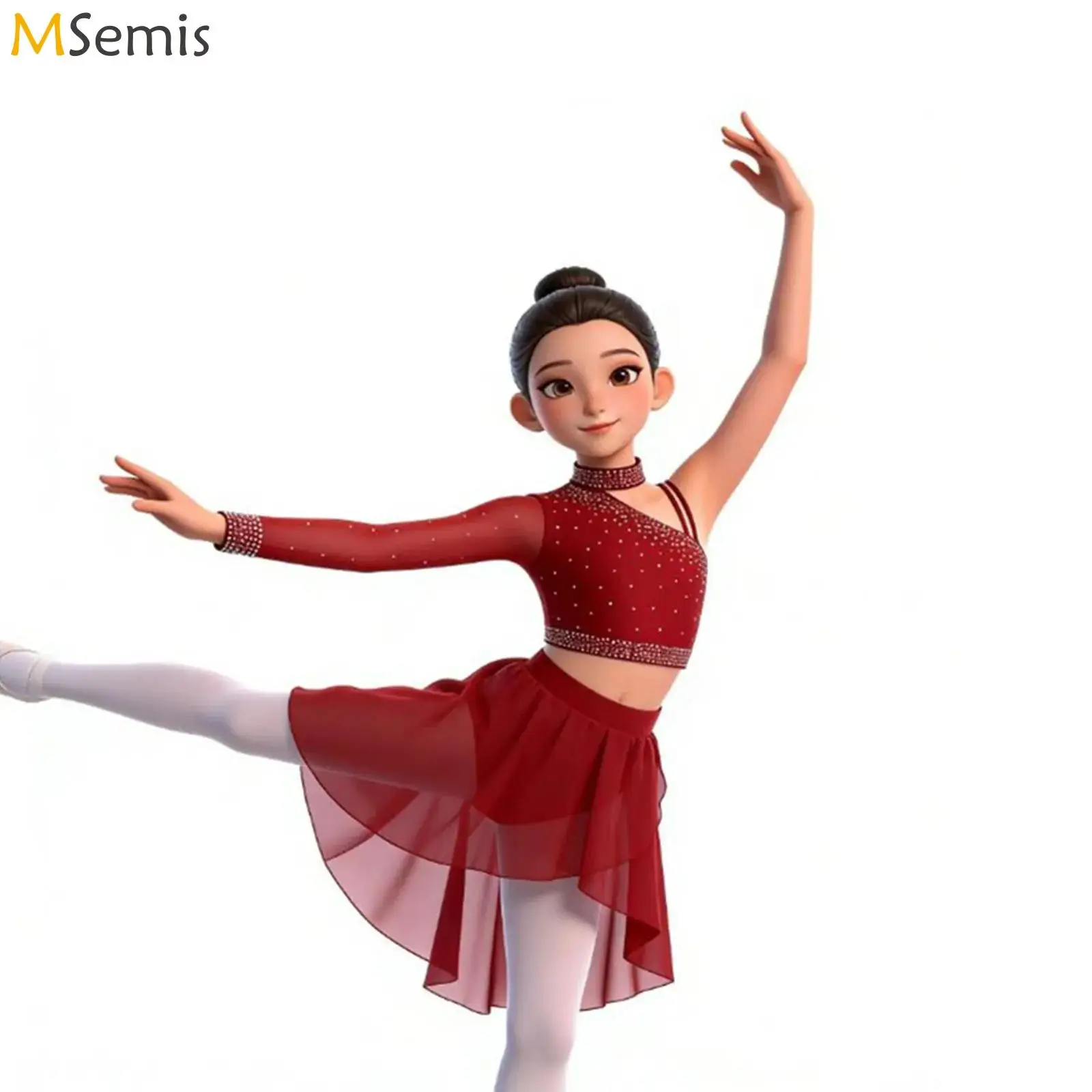 

Kids Girls Sparkly Rhinestones Gymnastics Skating Performance Costume Ballet Lyrical Modern Dance Outfits Crop Top with Skirt