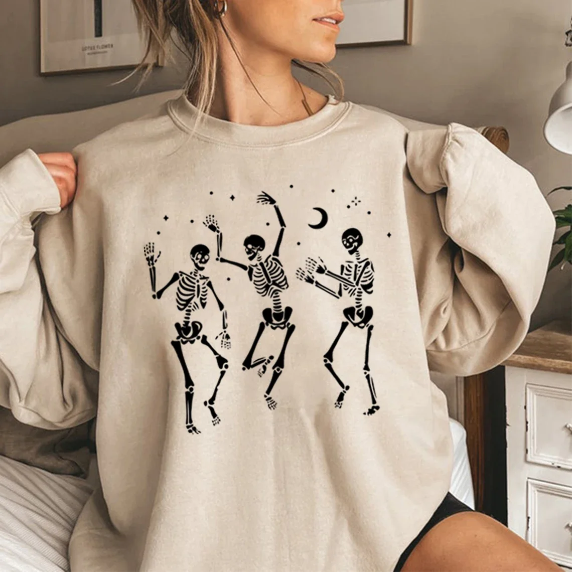 Halloween Party Dancing Skeleton Sweatshirt Skeletons Happy Halloween Hoodie Streetwear Women Sweatshirt Fall Graphic Hoodies