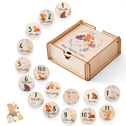 Newborn Baby Growth Milestones 0-12 Months Wooden Card With Box Photo Accessory Cartoon Animal Picture Souvenir Wooden Baby Gift