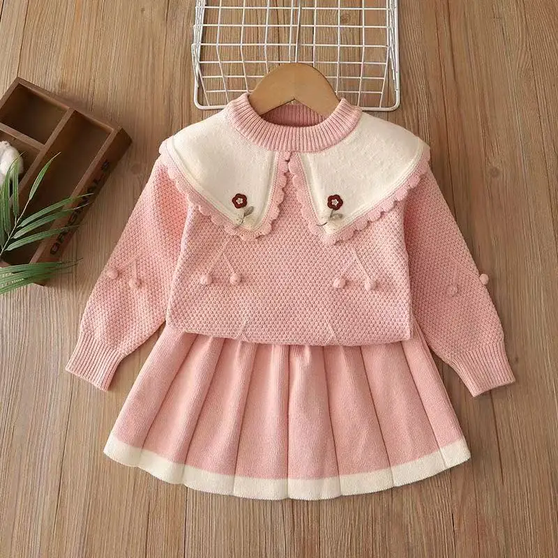 Girls Sweater Set 2026 New Knit Pullover Top Wide Collar Skirt 2 Piece Outfit 3D Cherry Decoration for