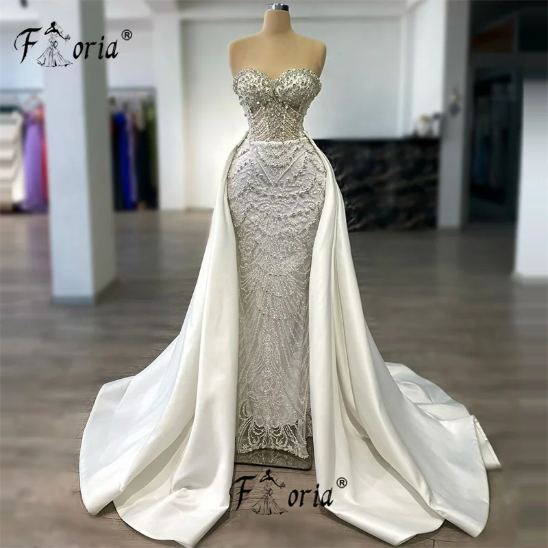 Ivory Sweetheart Luxury Dubai Wedding Dress with Detachable Train Major Beads Crystal Lace Mermaid Bridal Gown Special Party