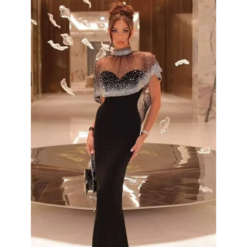 Recién llegado, vestido negro sin tirantes con capa transparente de diamantes de imitación de estilo francés, vestido de noche de fiesta elegante a la moda