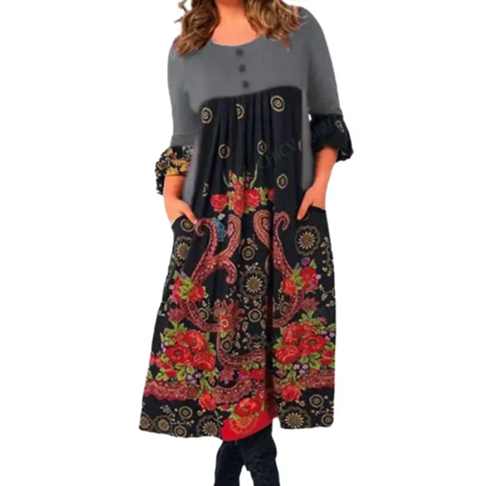 Elegant Women Dress Flower Retro Ethnic Print A-line Big Swing Long Sleeve Mid-calf Loose Pleared Midi Dress