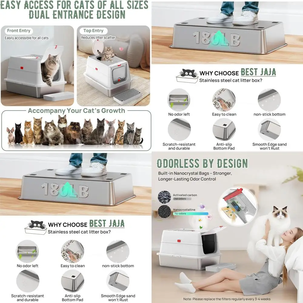 

Extra Large Enclosed Stainless Steel Litter Box with Lid, High Wall Jumbo Cat Toilet for Odor Control, Spacious and Durable Non-