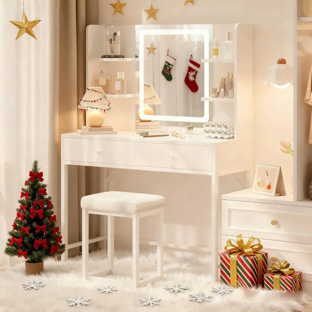 

Makeup Vanity Desk with Mirror and Lights, Vanity Table and Chair Set with 2 Drawers and 6 Open Shelves, Bedroom Dresser