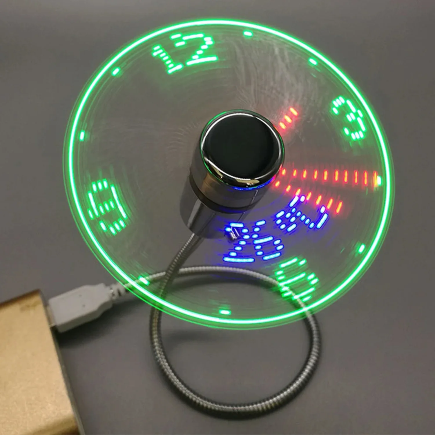 USB Powered Clock Fan with Time Temperature Display and Flexible Gooseneck