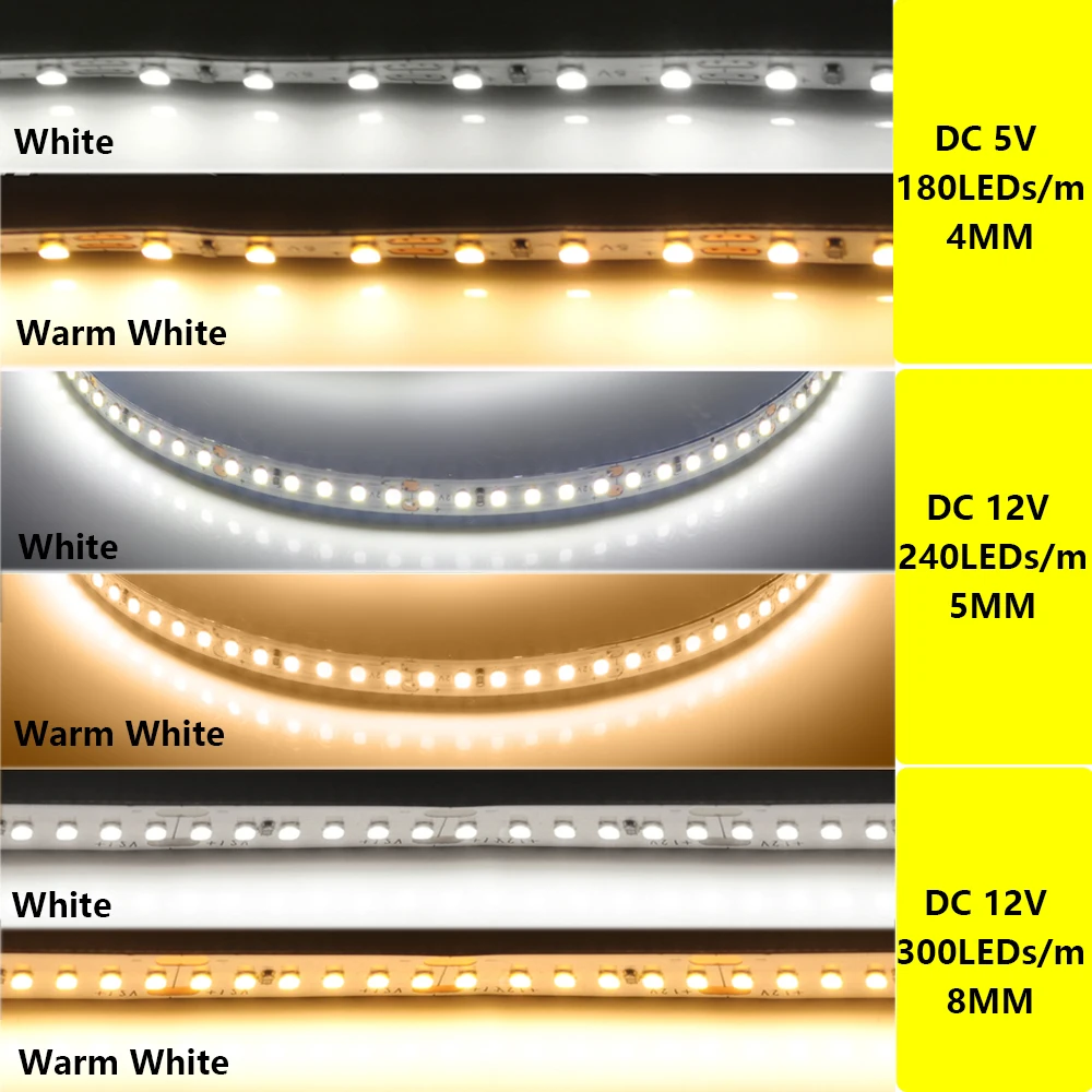 4MM 5MM 8MM LED Strip 5V 12V High Brightness 180 240 300LEDs/m Flexible LED Tape Lamp White Warm White 0.5M 1M 2M 3M 4M 5M