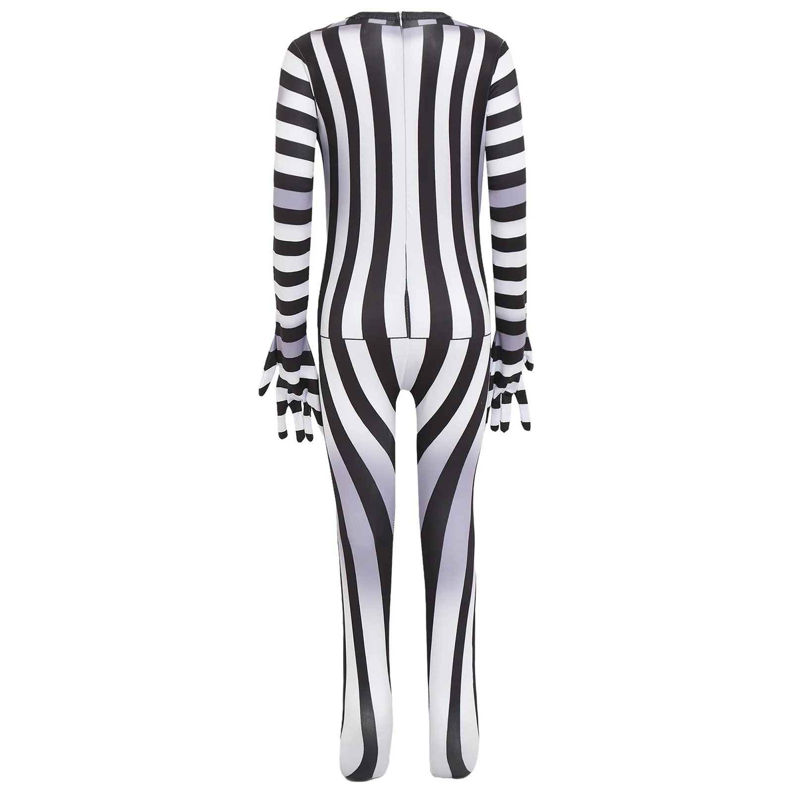 Kombinezon w czarno-białe paski dla dzieci, dziewczynek i chłopców, straszny kostium na Halloween, niewidoczny zamek z tyłu, idealny na imprezy tematyczne i karnawał.
