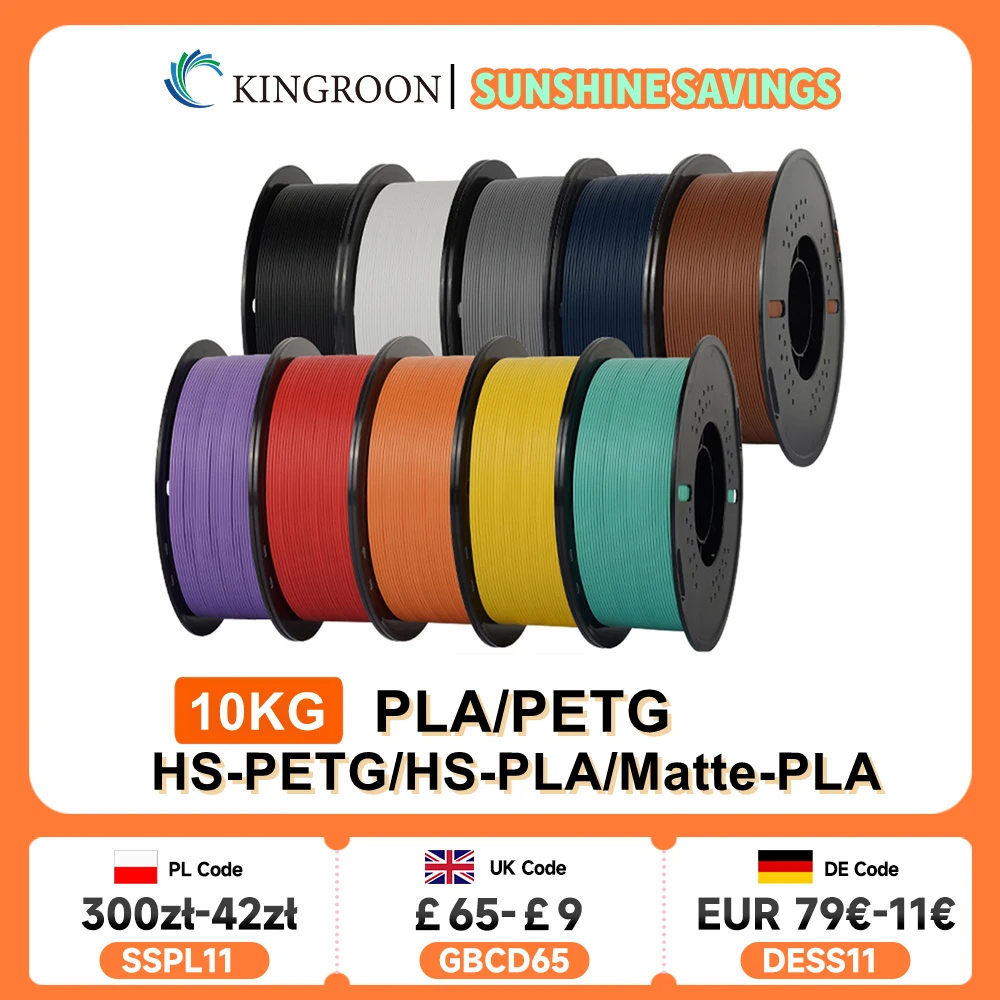 KINGROON 10KG(22LBS) PLA PETG HS-PLA HS-PETG Filament 1.75mm High Speed 3D Printer Material Matte PLA 1kg*10 Roll Mix Color