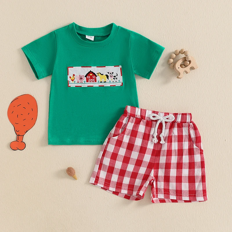 

Toddler Boys Clothes Kids Boys Summer Farm Animals Embroidery Short Sleeve T-Shirts Elastic Waist Shorts Casual Outfits