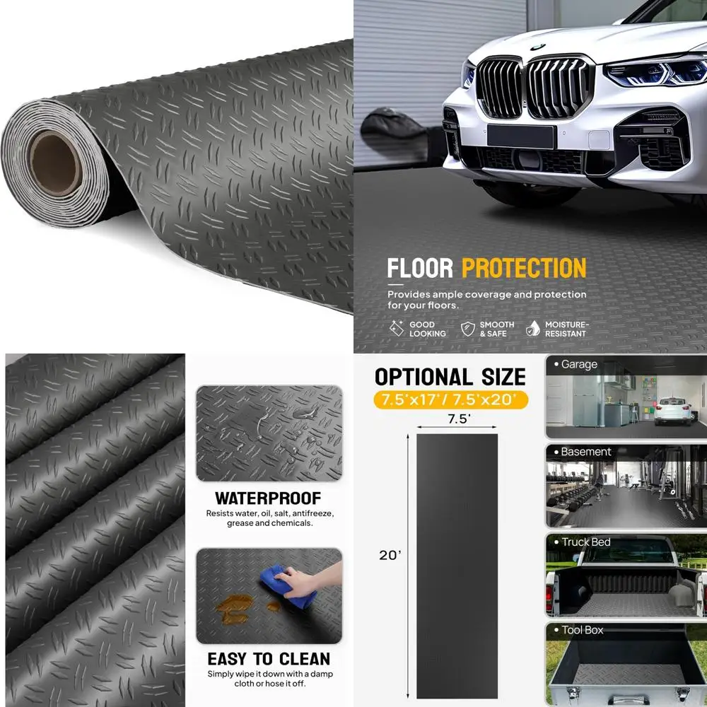 سجادات أرضية جراج PVC ذات لوحة ماسية سميكة - لفة أرضية 7.5 × 20 قدم لوقوف السيارات وتخزين السيارة