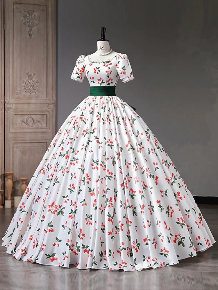 cherry printing berry bowknot back short sleeve cosplay medieval dress Renaissance gown queen Victoria Belle Ball