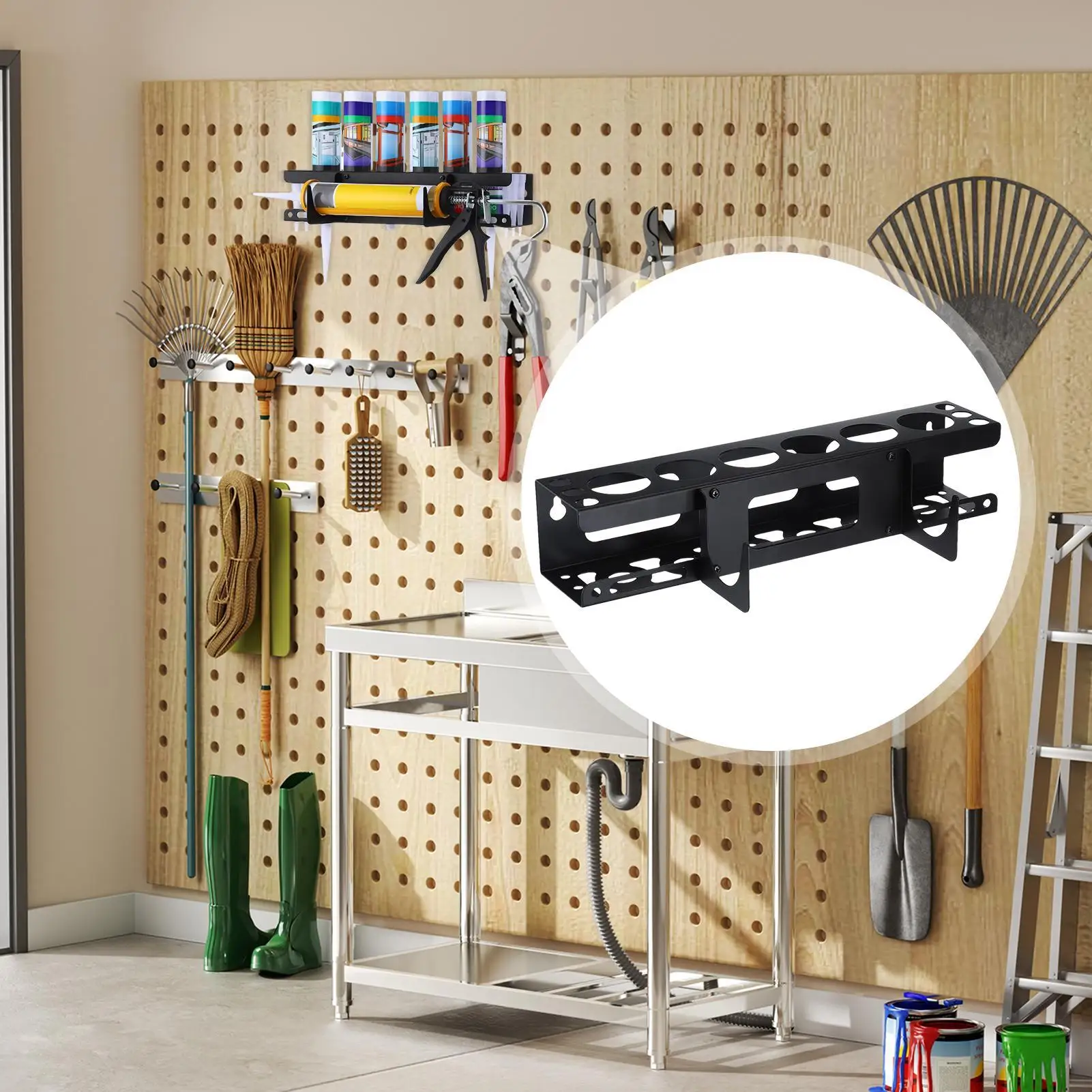Wall-Mounted Caulking Gun Organizer - Metal Rack Holds 6 Tubes, Workshop Garage Home Storage For Sealant & Applicators