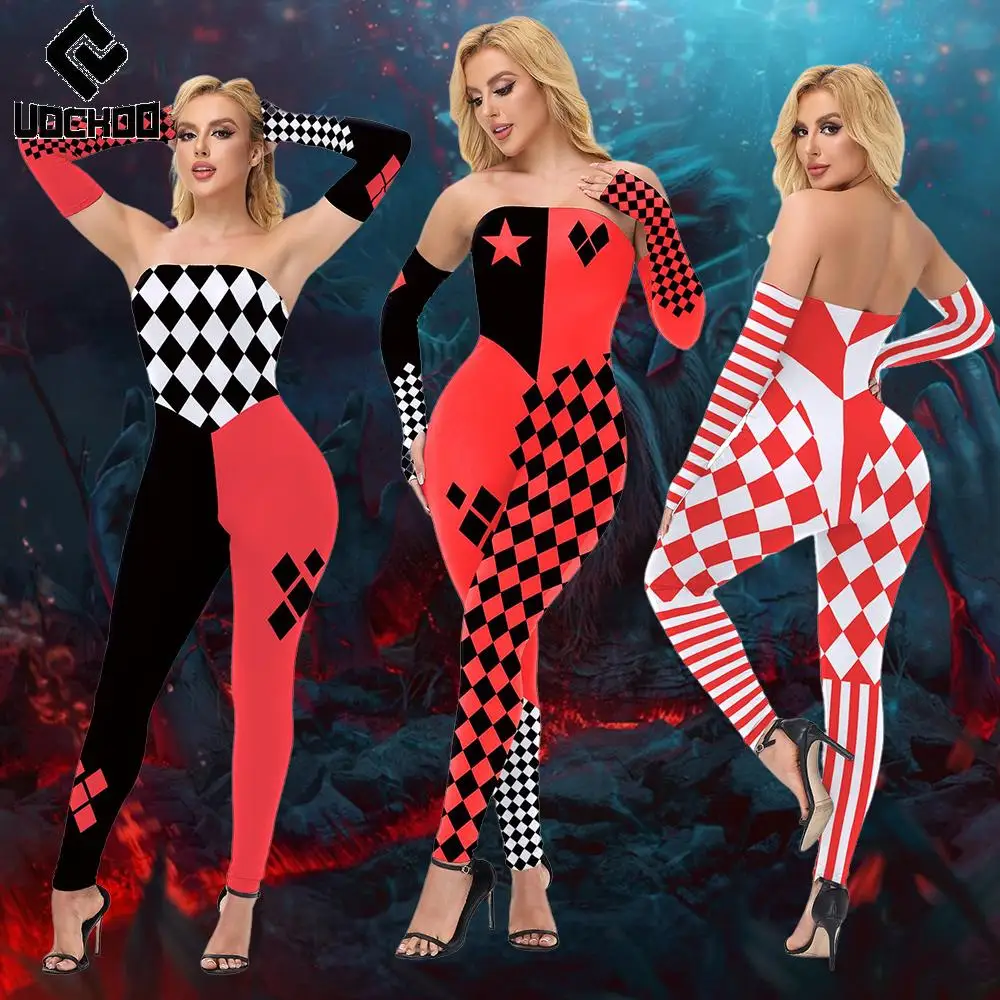 

Red Chess Queen Cosplay Costume Sexy Clown Bodysuit Halloween Cosplay Costume Party Carnival Joker Clothes Women Jumpsuits