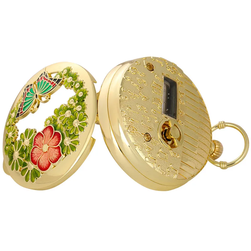 Creative Hollow Out Flower Butterfly Case Musical Quartz Pocket Watch with Castle in the Sky Song Pendant Chain Timepiece Gift