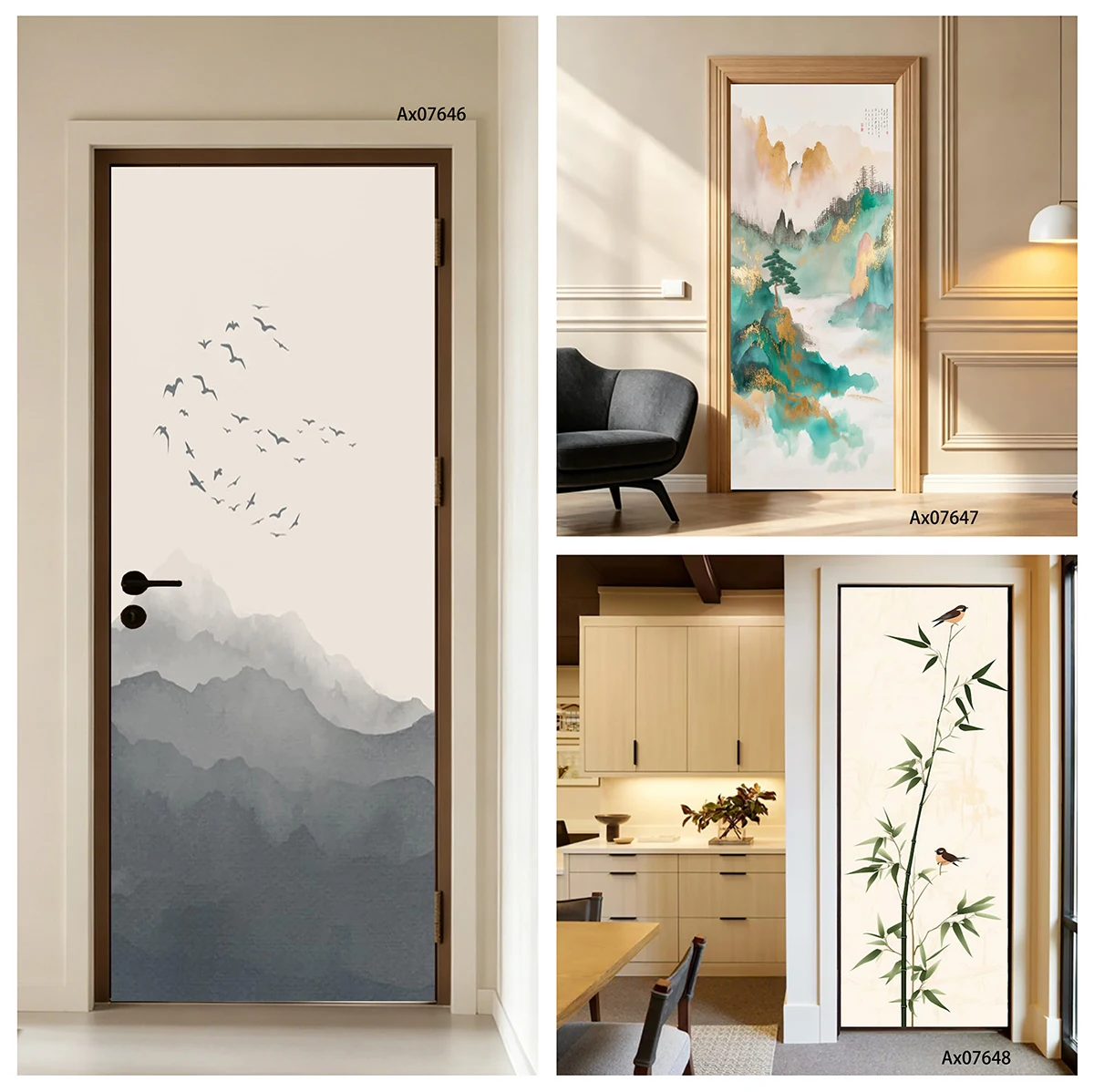 Door Decal Waterproof Removable Green Gold Chinese Ink Mountain Pine Tree Oriental Art Decal Home Entry Door Decor Room Makeover