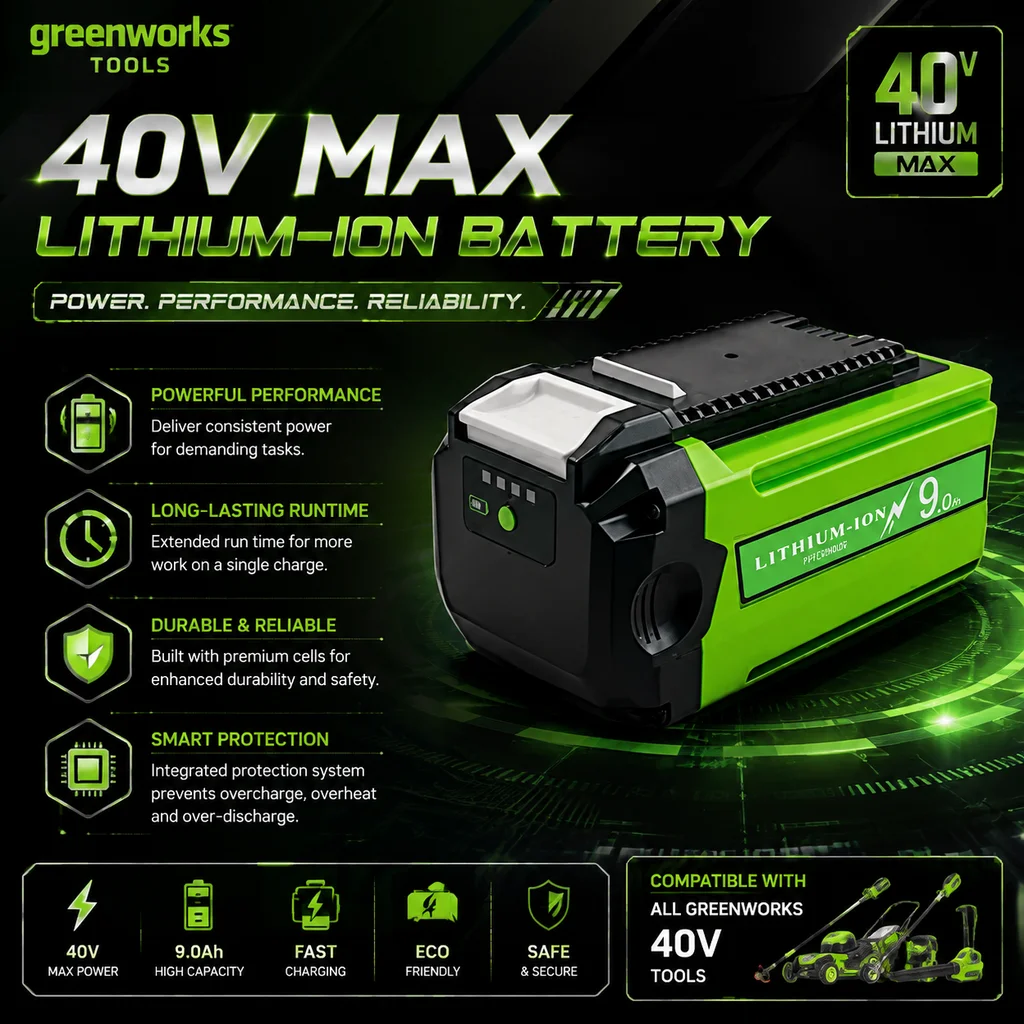 Greenworks 40V 9,0Ah Lithium-Ionen-Ersatzakku, Hochleistungs-Akku mit fortschrittlichem Sicherheitssystem, schnelles Aufladen für alle Greenworks 40V Elektrowerkzeuge