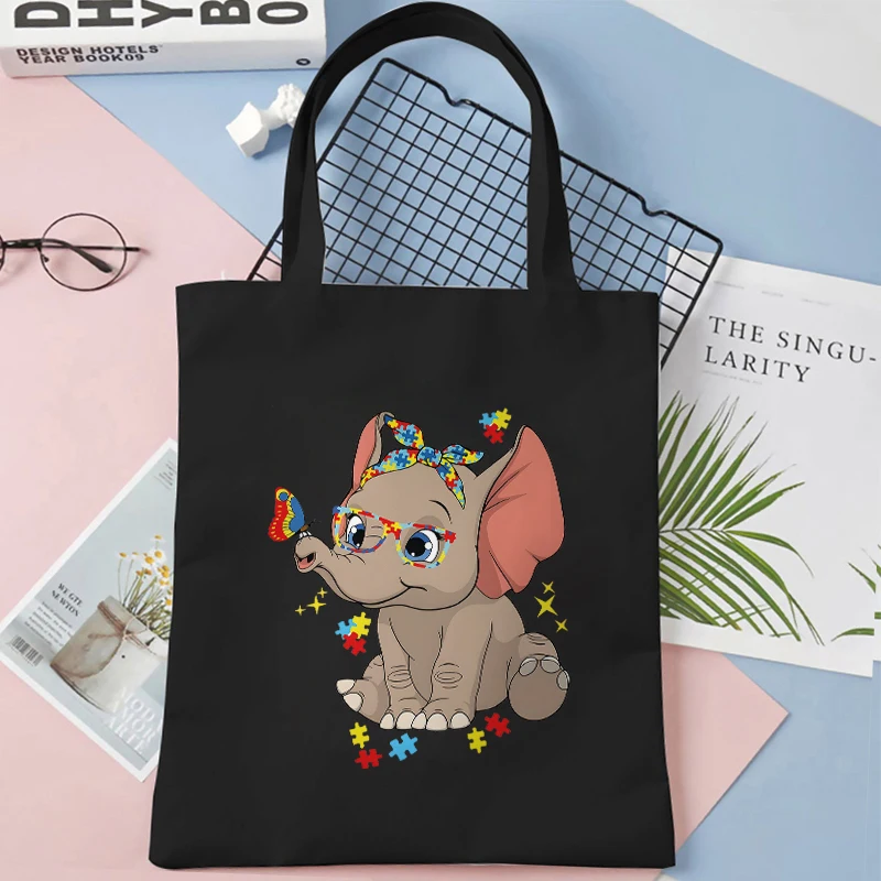 Borse di tela per la consapevolezza dell\'autismo per le donne borsa a mano elefante Design borsa per la spesa a tracolla di grande capacità per la