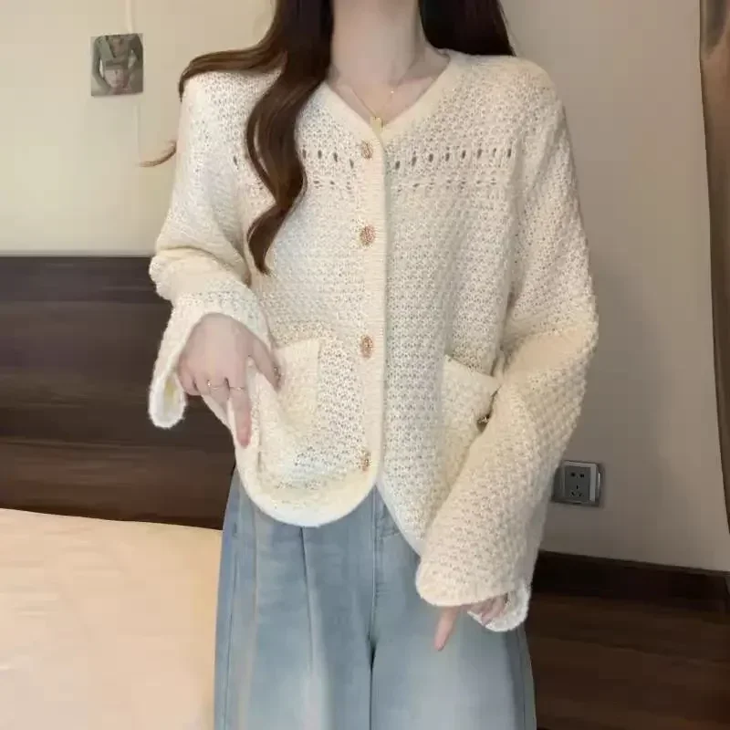 Knitted Top for Women Mesh Cardigan Ladies Sweaters Cute Kawaii Blue Clothing Trend 2024 Winter Thermal Blouse Y2k Vintage Cold