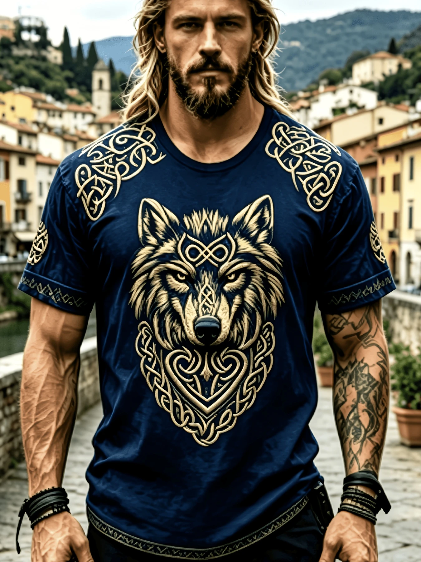Men's Celtic Norse Wolf Graphic T‑Shirt, Vintage Viking Knot Pattern Crew Neck Short Sleeve Casual Streetwear Tee Top