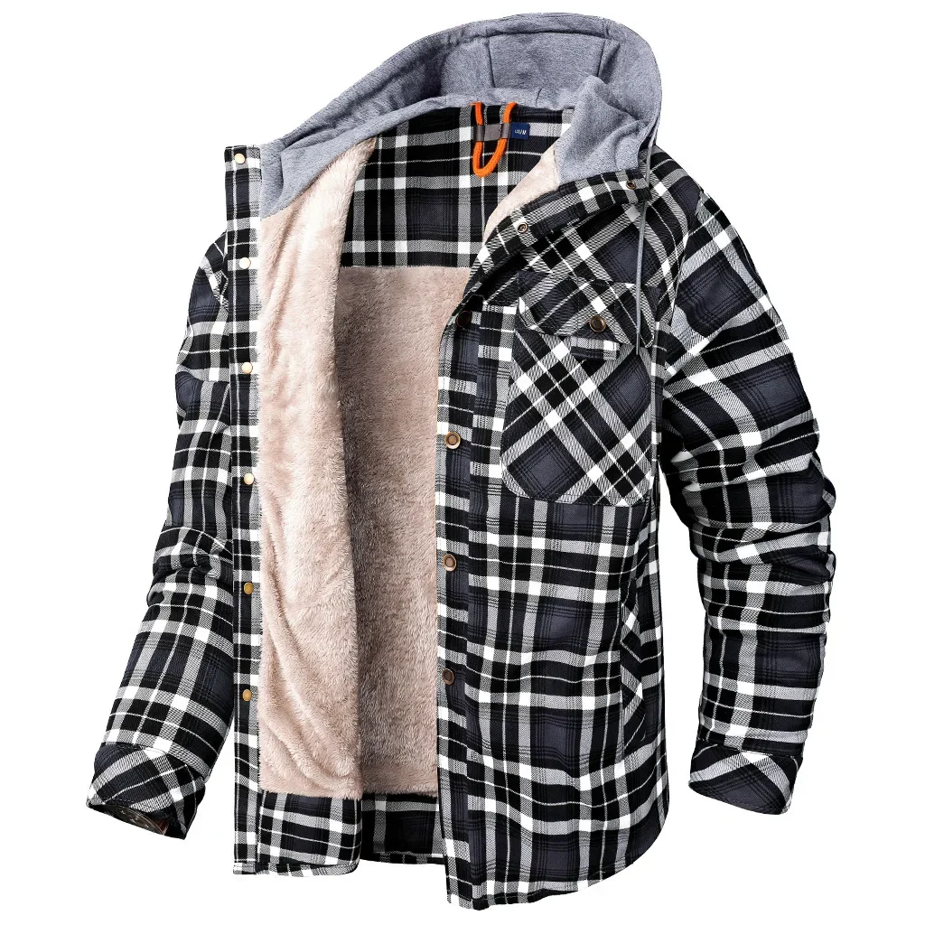 Winter Large Size Men\'s Shirt Jacket Cotton Coat Men Long-sleeved Plush Thickened Keep Warm Hooded Plaid Shirts US Size 2XL