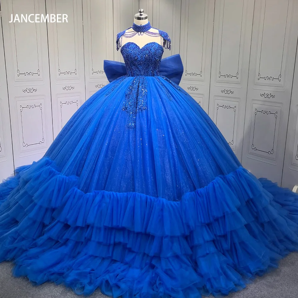 

Blue Strapless Shiny Ball Gown Customized Quinceanera Dresses Lace With Bow Formal Vestido De 15Anos Quinceanera Princess Party