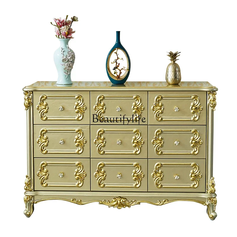 

European gold American living room solid wood carving flower porch nine bucket cabinet multi-drawer storage wall cabinet