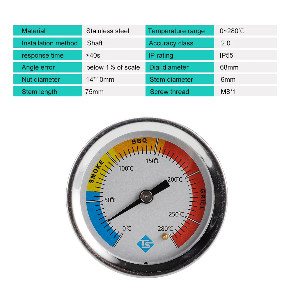 0~280 ℃   Termometer Termometer Baja Tahan Karat Termometer Bi-metal Termometer 0 ~ 280 ℃   untuk Oven Perokok Barbekyu Panggangan