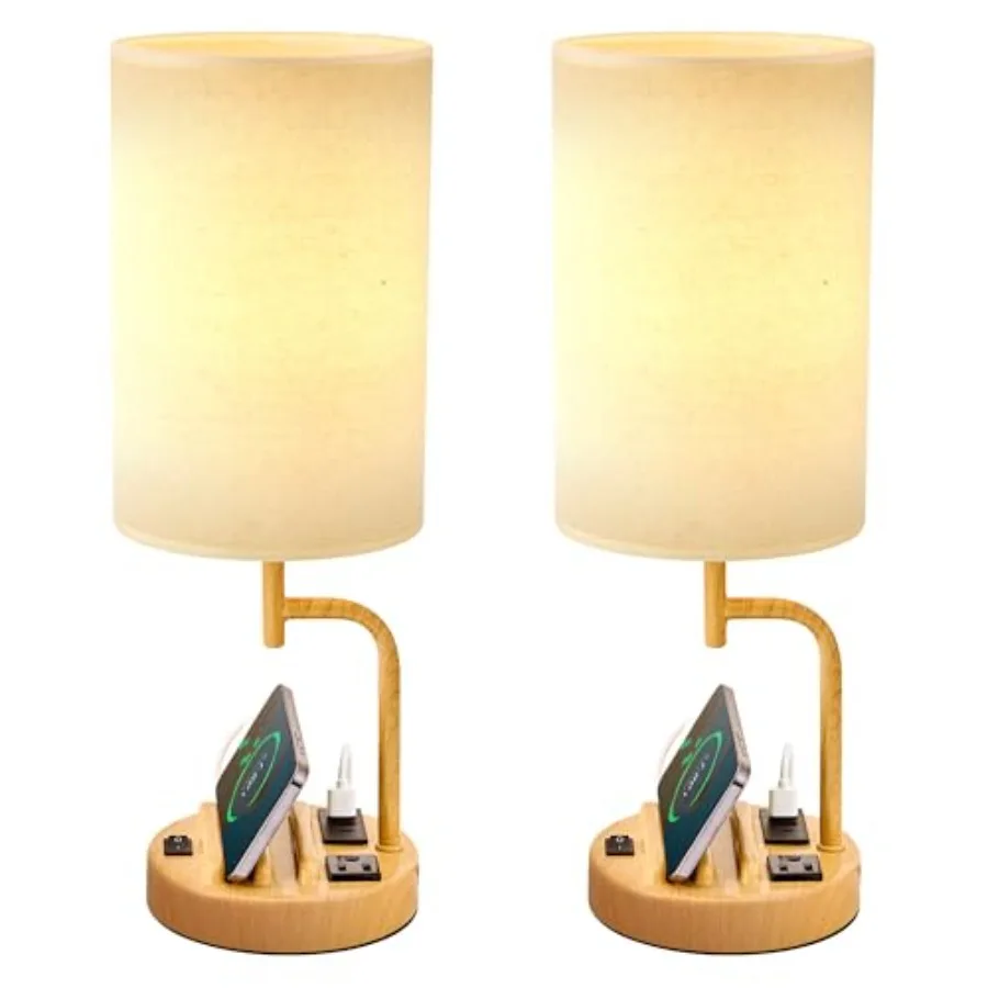 Table Lamp with 3 USB Charging Ports, Modern Desk Lamp with AC Outlet and Phone Stands, Perfect Bedside Lamp for Bedroom, Livin