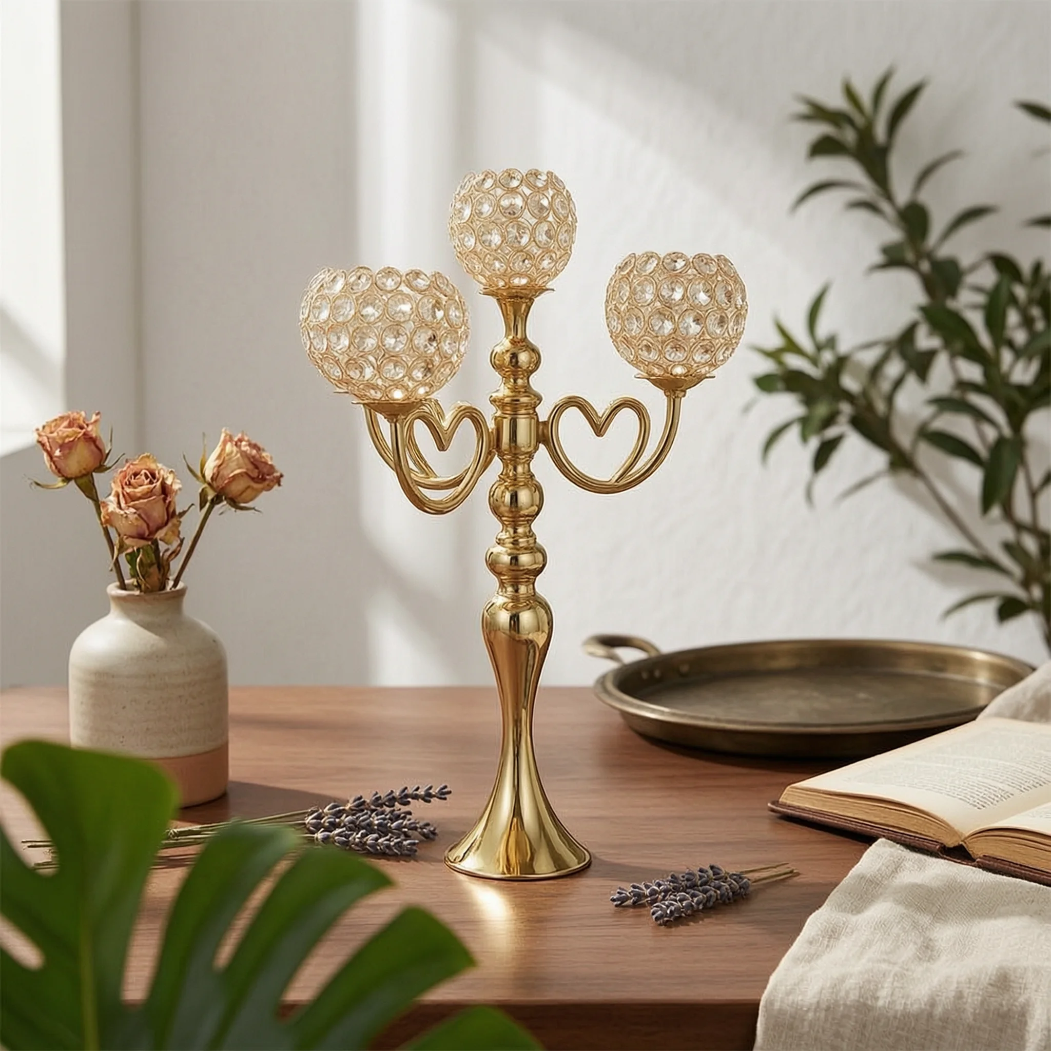Candelabra with Crystal Beads Decorative Candelabra Centerpiece Candle Holder with Five Heads Shiny for Wedding Planners
