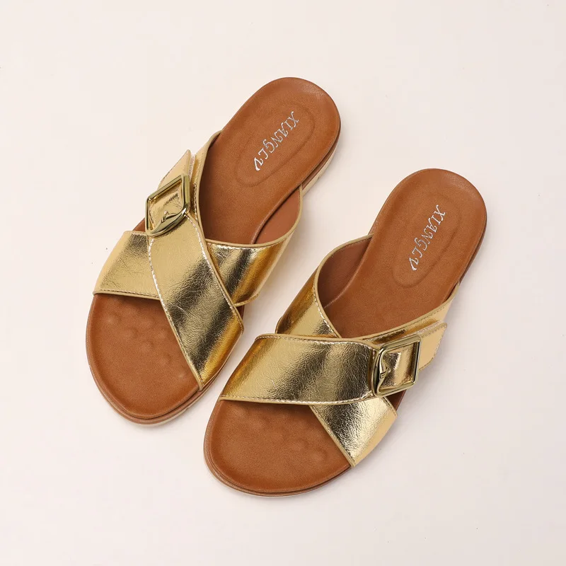 

Gorasion Summer Flip Flops Women Outdoor Thick-soled Beach Sandals Simple FashionSquare Buckle Cross-strap One-shoulder Slippers