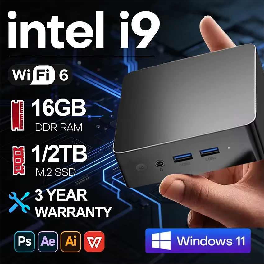 Novo Mini PC 2026 com Windows 11 Pro, Core i9 10980HK, 32GB de RAM, SSD de 1TB/2TB, WIFI 6, BT5.2, 4K HD, Mini PC para Jogos, Escritório e Estudo