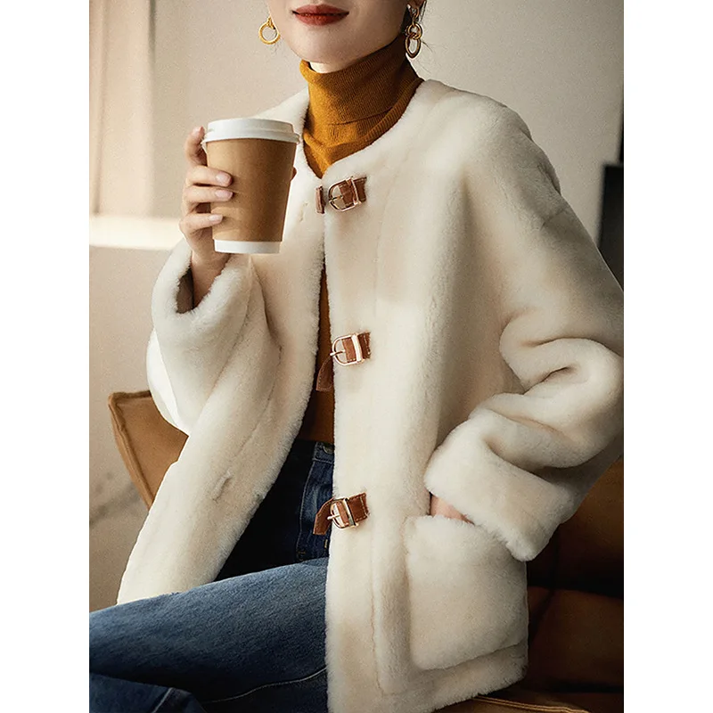 2023 High Quality Slim Fashion Women Jacket Black Beige Lamb Fur Female Winter Jackets Super Warm Soft Thicken Casual Coat Top